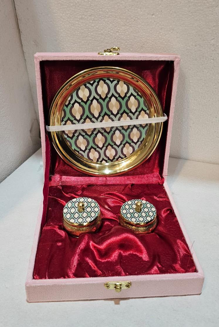 Brass Puja Set with Velvet box (Size: 6 inch of plate)